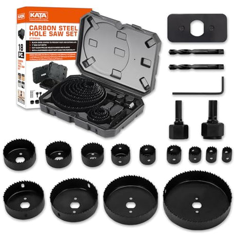KATA Hole Saw Kit, 18 Pieces Hole Saw Set with 3/4"-5"(19-127mm) Saw Blade, 2 Mandrels, 2 Drill Bits, 1 Installation Plate, 1 Hex Key with Case, KATA