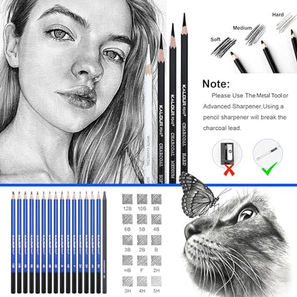 KALOUR 58 Pack Drawing Set Sketch Kit, Sketching Supplies with 3-Color Sketchbook,Graphite & Charcoal Pencils,A5 SketchBook,Tutorial, Pro Art Drawing - WoodArtSupply