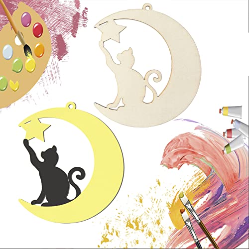 Cat Wood Star Wood Moon Shape Wooden Blank Wood with Twines Art Unfinished Ornaments for Wedding Birthday Party Christmas Decoration 20Pcs