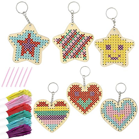 VKPI Wooden Cross Stitch Kits for Kids, Make Your Own 6 Cross Stitching Keyrings, Wood Sewing Kit, Arts & Crafts Stars, Hearts Ornaments, Plastic VKPI
