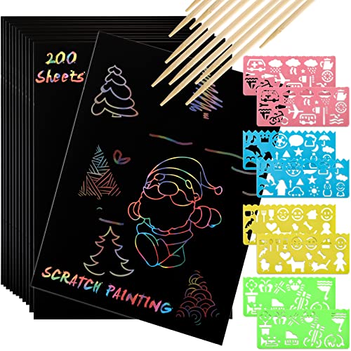 ZEAYEA 200 Pcs Scratch Paper Art Set, Scratch Off Rainbow Magic Paper with 10 Bamboo Stylus, 8 Stencils, Black Scratch Notes for Boys and Girls DIY ZEAYEA
