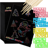 ZEAYEA 200 Pcs Scratch Paper Art Set, Scratch Off Rainbow Magic Paper with 10 Bamboo Stylus, 8 Stencils, Black Scratch Notes for Boys and Girls DIY ZEAYEA