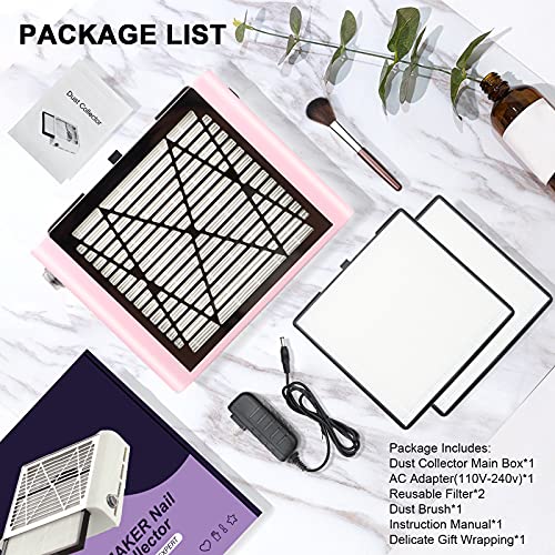 BRANTMAKER Nail Dust Collector with Brush and 2 Reusable Filters, 60W Vacuum Dust Fan for Acrylic Nails (Pink) BRANTMAKER