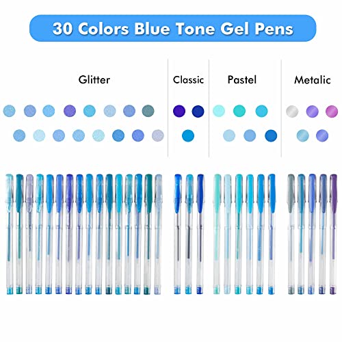 Shuttle Art 60 Pack Blue Tone Gel Pens, 30 Blue Tone Gel Pens with 30 Refills for Adults Coloring Books Journaling Drawing Nature, Landscapes, Shuttle Art