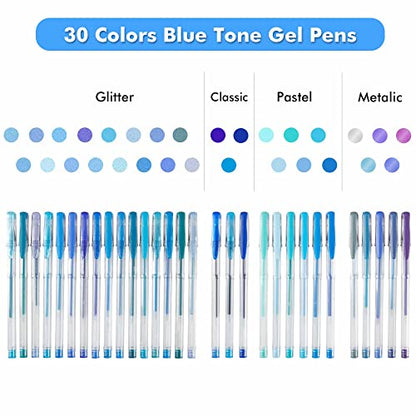 Shuttle Art 60 Pack Blue Tone Gel Pens, 30 Blue Tone Gel Pens with 30 Refills for Adults Coloring Books Journaling Drawing Nature, Landscapes, - WoodArtSupply