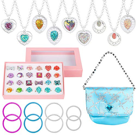 WATINC 42Pcs Princess Pretend Jewelry Toy Girl’s Jewelry Dress Up Play Set Included Blue Shiny Handbag Necklaces Adjustable Diamond Rings Bracelets WATINC