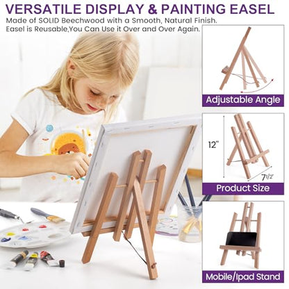 MERRIY Acrylic Paint Set for Kids, Art Painting Supplies Kit with 12 Paints, 10"x 12" Stretched Canvas, Table Easel, Professional Premium Paint Set
