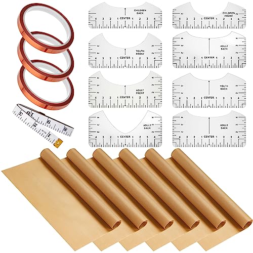 Leumoi 18 Pieces Teflon Sheets for Heat Press 12 x 16 Inch, T Shirt Alignment Ruler and Heat Resistant Tape 0.4 Inch x 36 yd and PVC Tape Measure Set Leumoi