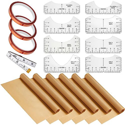 Leumoi 18 Pieces Teflon Sheets for Heat Press 12 x 16 Inch, T Shirt Alignment Ruler and Heat Resistant Tape 0.4 Inch x 36 yd and PVC Tape Measure Set