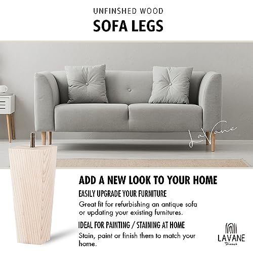 6 inch Unfinished Ash Wood Furniture Legs, LAVANE Set of 4 Mid-Century Modern Pyramid Wooden Replacement Feet with Pre-Drilled 5/16 Inch Bolt &