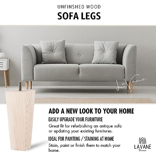 4 inch Unfinished Ash Wood Furniture Legs, LAVANE Set of 4 Mid-Century Modern Pyramid Wooden Replacement Feet with Pre-Drilled 5/16 Inch Bolt & La Vane