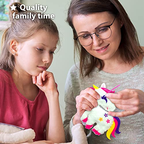 KRAFUN Unicorn Sewing Keyring Kit for Kids Age 7 8 9 10 11 12 Learn Art & Craft, Includes 6 Stuffed Animal Bear, Dog, Rabbit, Raccoon, Owl Dolls, KRAFUN