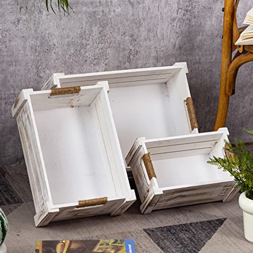 TIMRIS Set of 3 Rustic Wood Nesting Crates, Farmhouse Wooden Storage Container Boxes with Cutout Handles, Decorative Wooden Baskets for Display TIMRIS