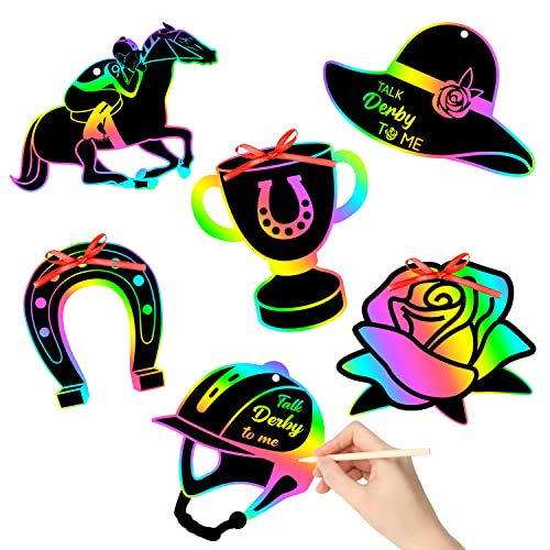 WATINC 60pcs Horse Racing Scratch Art Paper for Kids, Rose Hat Trophy Scratch Off Cards Rainbow Magic Color Craft Kit, Derby Day Party Drawing
