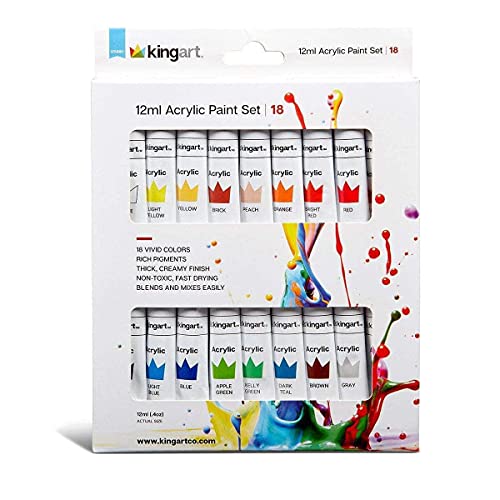 KINGART Studio Acrylic Paint, 12ml (.4oz), Set of 18 Colors KINGART