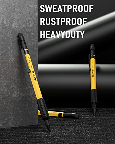 Nicpro 3 PCS 1.3 mm Mechanical Pencils Set with 36 Lead Refill, 3 Eraser - Weatherproof Metal Barrel, Heavy Duty Carpenter Pencil for Outdoor Marking Nicpro