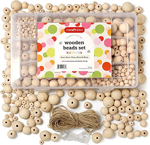 Incraftables Natural Wooden Beads for Crafts 530pcs (8mm, 10mm, 15mm, 20mm & 25mm). Best Wood Beads for Crafts with Holes. Bulk Unfinished DIY Large Incraftables