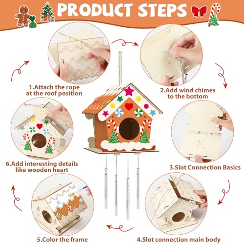 3 Sets Christmas Craft Houses Kits, Make Your Own Gingerbread Wooden Christmas Houses Bird Feeder & Wind Chime Kit, Wooden Painting Arts and Crafts QOUBAI