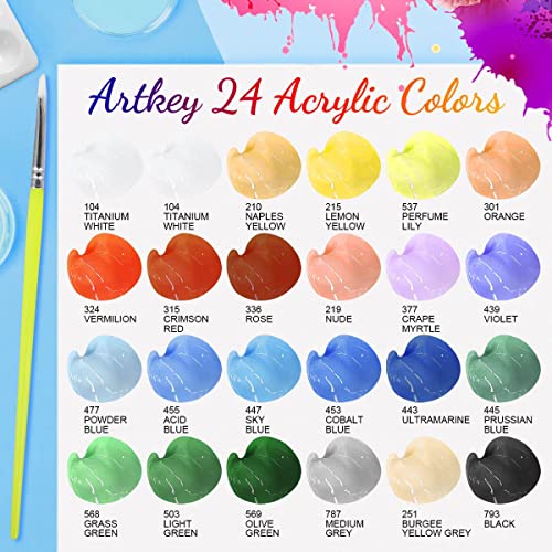 Artkey Acrylic Paint Set - 24 colors 2oz/59ml Acrylic Paints Professional Artists Painting Kit for Canvases Fabric Rock Leather Easter Egg Wood Artkey