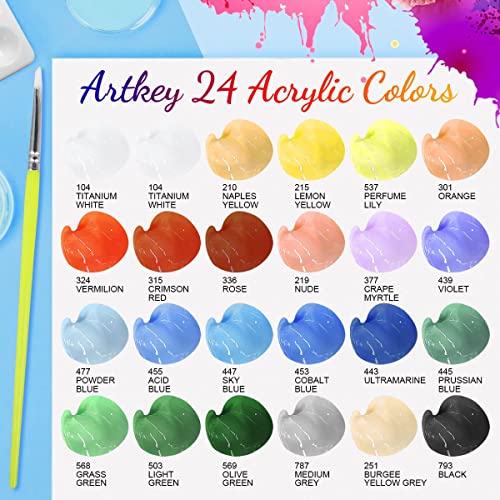 Artkey Acrylic Paint Set - 24 colors 2oz/59ml Acrylic Paints Professional Artists Painting Kit for Canvases Fabric Rock Leather Easter Egg Wood - WoodArtSupply