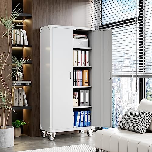 Aobabo Metal Storage Cabinet with Wheels,Heavy Duty Office Storage Cabinet with Lock,Steel Cabinet with 2 Doors and 4 Adjustable Shelves for Office