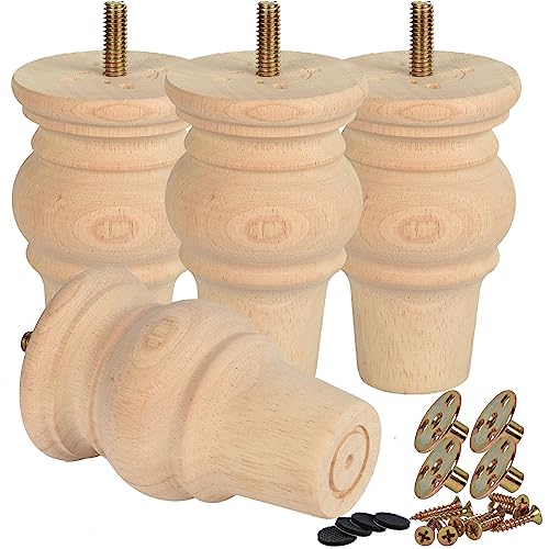 4 Inch Wooden Furniture Legs,Tchosuz Solid Unfinished Bun Feet with 5/16 inch Bolt,Modern Mid-Century Carved Sofa Couch Feet Furniture Replacement