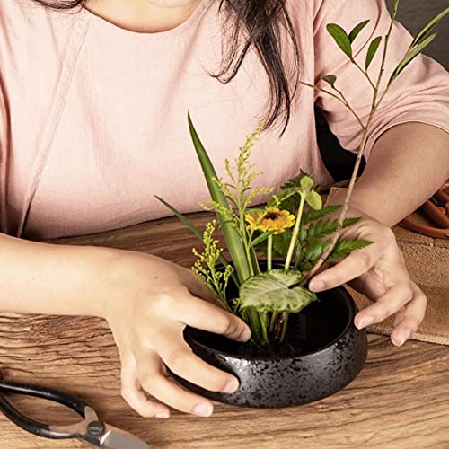 Japanese Ikebana Vase Kit, Flower Shallow Container Ceramics Flower Bowl Flower Arrangement Vase with 1.57inch Flower Frog and 2 in 1 Kenzan Needle Eggone