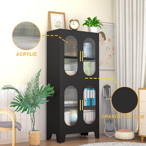 RISTERN Black Metal Storage Cabinet, Kitchen Pantry Storage Cabinet with Doors and 3 Shelves(2 Adjustable), Floor Office Storage Cabinet for Kitchen, RISTERN