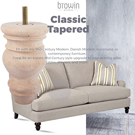 5 inch Unfinished Wooden Bun Feet, Btowin 4Pcs Solid Wood Furniture Legs with Threaded 5/16'' Hanger Bolts & Mounting Plate & Screws for Sofa Couch Btowin