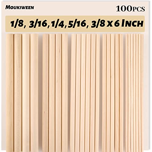 Moukiween Wooden Dowel Assorted Sizes Wooden Dowel Rods for Crafting 1/8, 3/16, 1/4, 5/16, 3/8 x 6 Inch Wood Dowels,Unfinished Natural Wooden Sticks Moukiween