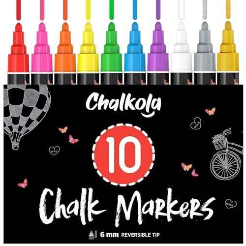 Chalkola Liquid Chalk Markers Erasable (10 Pack) w/Gold & Silver - Washable Paint Chalk Pens for Chalkboard Signs, Blackboard, Car Window, Bistro, Chalkola