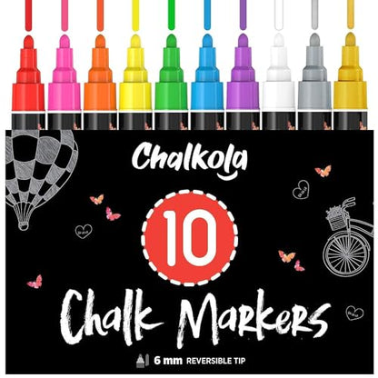 Chalkola Liquid Chalk Markers Erasable (10 Pack) w/Gold & Silver - Washable Paint Chalk Pens for Chalkboard Signs, Blackboard, Car Window, Bistro, - WoodArtSupply