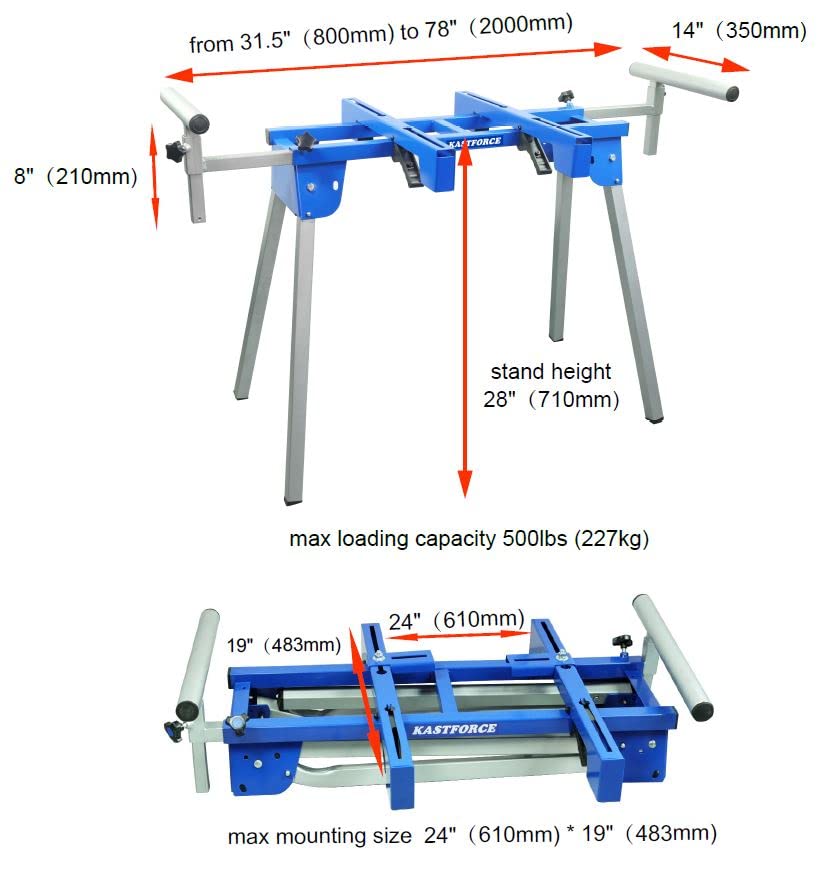 KASTFORCE KF3001 Portable Miter Saw Stand 500 lbs /226kg Loading Capacity Heavy-Duty With Max Mounting Base Size 24" x 19" /610x483mm Available for - WoodArtSupply