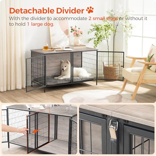 MAHANCRIS Dog Crate Furniture for 2 Dogs, 43.3" Dog Kennel with Removable Divider, Heavy Duty Wooden Dog Kennel for Small Medium Dog, Indoor Dog Cage - WoodArtSupply