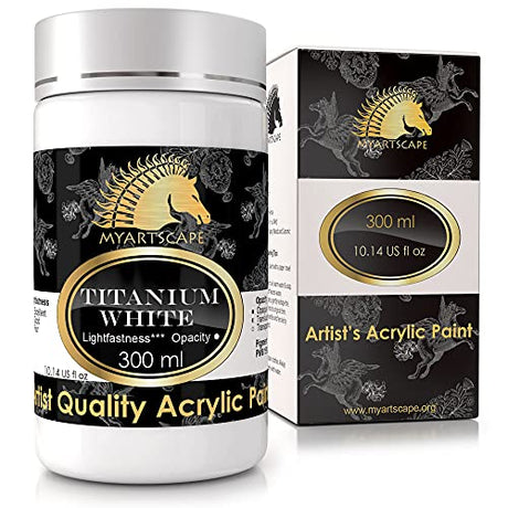 MyArtscape Titanium White Acrylic Paint - 300ml Bottle (10oz) - Artist Quality - Lightfast - Heavy Body - Vibrant Color - Great Tinting Strength - MyArtscape