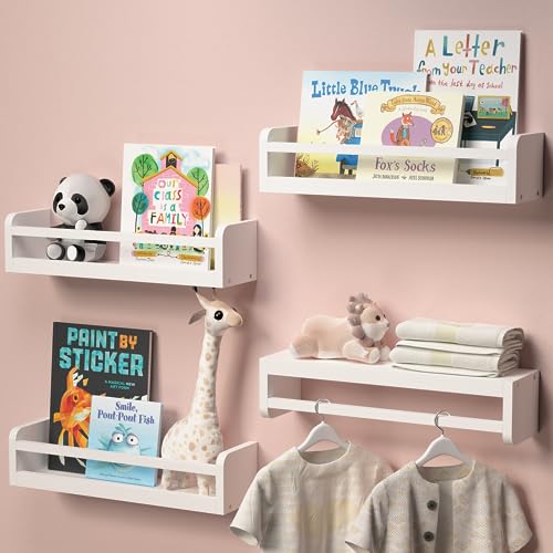 Boswillon Dual-Guard Nursery Floating Bookshelves – Set of 4, White Wooden Wall Shelves for Kids' Room Decor