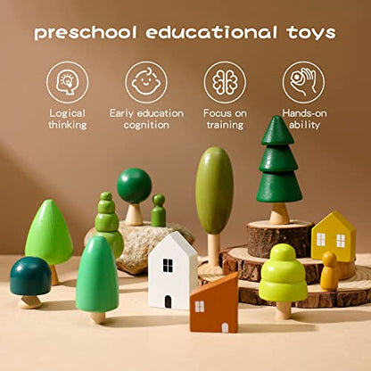 Promise Babe Wooden Tree Toys - Montessori Wooden Blocks Stacking Toys for Toddlers, Miniature Trees & House Various Sizes Woodland Creative Craft