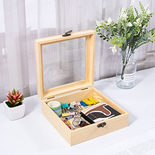 Useekoo Unfinished Wooden Display Box with Glass Top Hinged Lid, 7.1'' x 7.1'' x 2.8'' Small Wood Keepsake Storage Box, DIY Craft Box for Useekoo