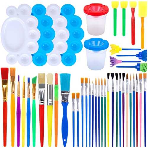 BigOtters Painting Brushes, 45PCS Kids All Purpose Paint Supplies Include Paint Cups with Lids Palette Tray Multi Sizes Paint Brush Set for Kids