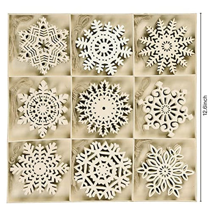 Sggvecsy Unfinished Wooden Snowflakes Ornaments, 36Pcs Christmas Tree Hanging Decoration Wood Cutouts DIY Craft Snowflake Shaped Embellishments Xmas - WoodArtSupply