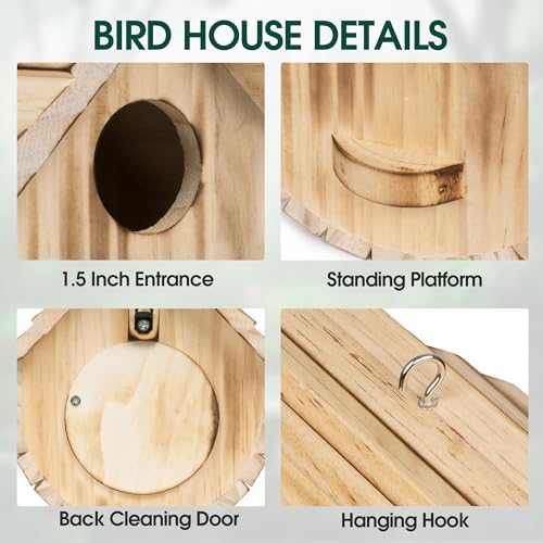 Bird House for Outside, Wooden Blue Houses for Outdoors with Standing Platform for Garden, Birdhouse with Viewing Holes for Yard, Hanging Birdhouse - WoodArtSupply