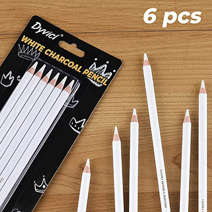 Dyvicl White Charcoal Pencils Drawing Set, 6 Pcs Sketch Highlight Pencil Hard Charcoal White Pencils for Drawing, Sketching, Shading, Blending