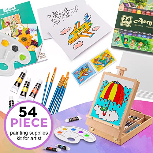 Art Paint Set with Wooden Easel Box, 24 Colors Acrylic Paints, 8 Paint Brushes, 6 Canvas Panel etc. Creative Paining Supplies kit for Kids, Student, Inburit