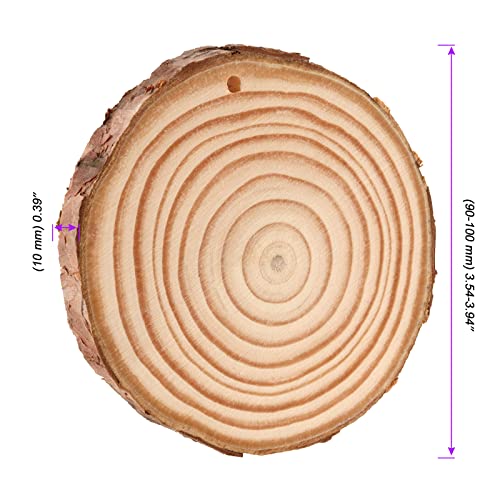JOIKIT 50PCS 3.5-4 Inches Natural Wood Slices Bulk, 2/5" Thick Unfinished Natural Wood Circles with Pre-drilled Hole and Bark for Craft Arts, JOIKIT