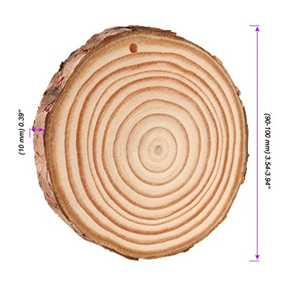 JOIKIT 50PCS 3.5-4 Inches Natural Wood Slices Bulk, 2/5" Thick Unfinished Natural Wood Circles with Pre-drilled Hole and Bark for Craft Arts,