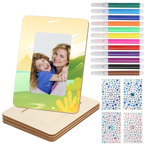 20PCS Picture Frame Painting Craft Kit,DIY Wooden Photo Frames,8.8 x 6.7inch 4 Sheets Unfinished Frames with 12 Pcs Watercolor Pens and 4Pcs Diamond
