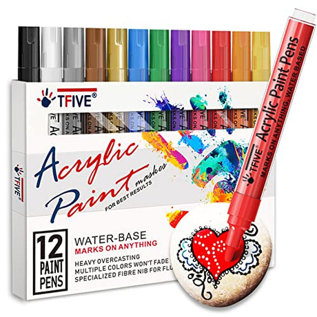 TFIVE Paint Markers Paint Pens - 12 Color Premium Medium Point Acrylic Paint Marker Pens for Rocks Painting, Metal, Ceramic, Glass, Wood, Fabric, TFIVE