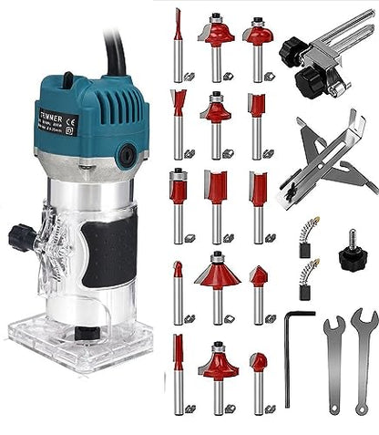 110V Router Tool, 800W Wood Trim Router, 30000RPM Electric Hand Trimmer, Palm Router with 15x 1/4” Router Bits & 2x Trim Guides for Woodworking - WoodArtSupply