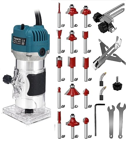 110V Router Tool, 800W Wood Trim Router, 30000RPM Electric Hand Trimmer, Palm Router with 15x 1/4” Router Bits & 2x Trim Guides for Woodworking - WoodArtSupply