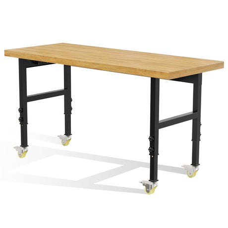 60” Heavy-Duty Solid Wood Work Bench Work Table with Wheels, Adjustable Height Portable Workbench with Power Outlets, 3000 Lbs Capacity Workstation Maemttes